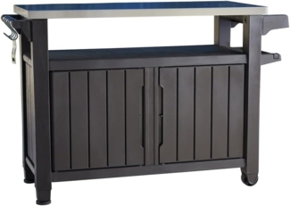 Keter Unity XL BBQ Beistelltisch, Abmessungen 134 x 51.7 x 89.6 cm, grau, wetterfest, Arbeitsplatte aus Edelstahl, Outdoor Sideboard, perfekt für das Grillen im Frühling