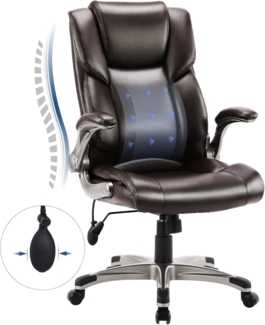 COLAMY Bürostuhl mit Hoher Rückenlehne, Ergonomischer Computer-Schreibtischstuhl, Lederstuhl mit Gepolsterten Klapparmlehnen, Verstellbarer Neigungsverschluss, Drehstuhl für Erwachsene, Braun