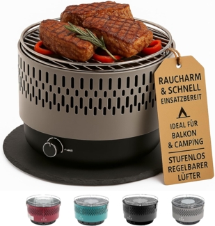 SOUK ONE Tischgrill mit Aktivbelüftung, Holzkohlegrill Grill mit Lüfter, Campinggrill BBQ Outdoor (Grau)