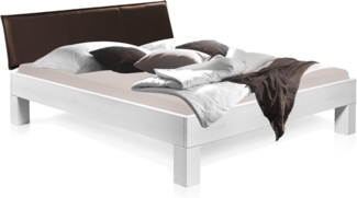 Möbel-Eins LUKY 4-Fuß-Bett mit Polster-Kopfteil, Material Massivholz, Fichte massiv weiss 200x220 cm Kunstleder Braun