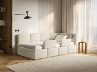 Selsey Jugendbett 90x200 cm Rechts Komfortables Polsterbett mit Bettkasten und HR30 Matratze Inklusive Abnehmbarem Rausfallschutz Gasdruckfedern für Stauraum Stabiler Rahmen Hellbeige