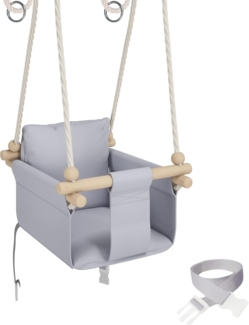 MAMOI® Babyschaukel Kinderschaukel + SICHERHEITSGURT | Höhenverstellung Decke 190-260cm | Baby Schaukel Holz | Kleinkindschaukel Hellgrau | Schaukel Kinder Indoor Outdoor | CE | 100% ECO | Made in EU