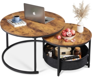 WLIVE Couchtisch 2er Set, Beistelltisch Rund mit Stauraum, Wohnzimmertisch mit Korb aus Stoff，Metallgestell, Kaffeetisch für Wohnzimmer (Rustikales Braun)