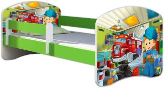 ACMA Kinderbett Jugendbett mit Einer Schublade und Matratze Grün mit Rausfallschutz Lattenrost II 140x70 160x80 180x80 (45 Mechaniker, 160x80)