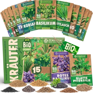 ZenGreens® - Bio Kräuter Samen Set - 15 Kräutersamen für den einfachen Anbau im Garten, Balkon oder Hochbeet - Pfalnzensamen - Saatgut