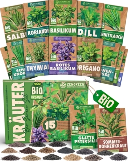 ZenGreens® - Bio Kräuter Samen Set - 15 Kräutersamen für den einfachen Anbau im Garten, Balkon oder Hochbeet - Pfalnzensamen - Saatgut