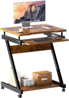 SogesHome Mobiler Computertisch mit Rollen und Tastaturauszug – Kleiner PC-Tisch mit Ablage für Tower, Schreibtisch für Home Office oder Büro, Vintagebraun