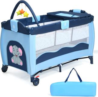 COSTWAY 3 in 1 klappbares Reisebett & Wickeltisch & Laufstall, Babybett bis 45kg belastbar, Kinderreisebett rollbar, inkl. Spielbogen, Wickelauflage und Tragetasche (Blau)