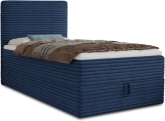 Boxspringbett Mollo Mini mit Bettkasten und Matratzentopper - Einzelbett mit Bonell-Matratze und Topper, Polsterbett in weichem Cordstoff, Bett, Schlafzimmer (Blau (Tilia 77), 80x200 cm)