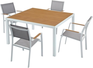 Vente-unique - Garten-Essgruppe: Tisch quadratisch 140 cm + 4 stapelbare Sessel - Aluminium - Holzfarben hell & Grau - MACILA von MYLIA