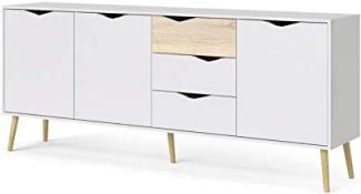 Dmora Sideboard mit drei Türen und drei Schubladen, Weiß und Eiche, Maße 195 x 81 x 39 cm