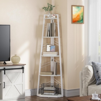 YITAHOME 5-stöckiges Eck-Bücherregal, industrielles, modernes Bodenstehend, Leiteroffenes Holzregal für Wohnzimmer, Diele, Home Office, Reines Weiß