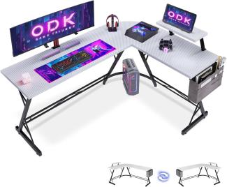 ODK Gaming Tisch, Computertisch, Gaming Schreibtisch mit runder Ecke, Gaming-Tisch mit Monitorablage (Kohlefaser Weiß, 167 x 120 cm)