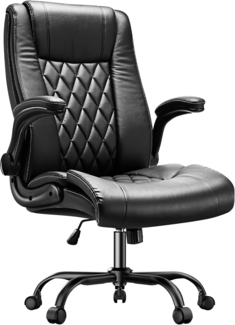 Marsail Bürostuhl Ergonomisch, Chefsessel Bürostuhl mit Hochklappbaren Armlehnen, PU Leder Ergonomischer Schreibtischstuhl mit Kippfunktion Höhenverstellbar Drehbar Rollend für Homeoffice, Schwarz