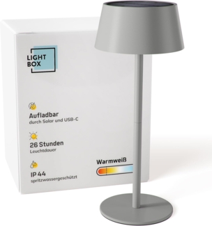 Lightbox LED Außen Tischlampe | Ø 13 cm | kabellose Outdoor Lampe mit Solar | 3 Stufen Touch Dimmer | Akku-betriebene Tischleuchte (4 W, 300 lm, 3000 K) aus Metall/Kunststoff in Grau | Balkon Deko