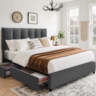 VECELO Polsterbett 140x200 cm Doppelbett mit 4 Schubladen und Höhenverstellbarem Kopfteil, Bettrahmen mit Lattenrost, Gepolstertes Bettgestell, Kein Boxspring erforderlich, Samt, Ohne Matratze, Grau