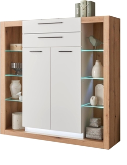 Highboard Rivian in weiß matt und Eiche 141 x 139 cm