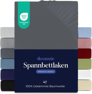 Dreamzie Premium Spannbettlaken 140x200 cm, Spannbetttuch für Dicke Matratzen bis zu 22 cm, Bettlaken 100% Jersey Baumwolle, 150 g/m², Oeko-TEX Zertifiziert - Dunkelgrau