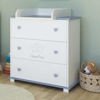 Kids Collective Wickelkommode Kommode Wickeltisch mit Wickelaufsatz mit 3 Schubladen, Kleiner Prinz Gravur in weiss blau Junge Made in Europe