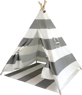 Hej Lønne Tipi Zelt für Kinder (grau, gestreift), Indianerzelt, 4 Stangen, 120 x 120 x 150 cm, Baumwolle