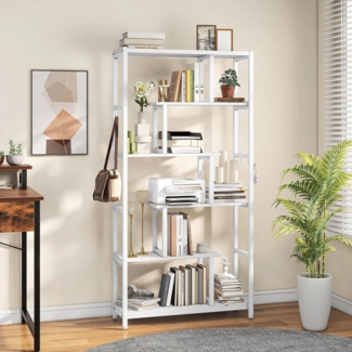 YITAHOME Bücherregal, 6-stöckiges Industriell Standregal mit 4 Haken, Großes Standgerät Regal mit Stahlrahmen, Büroregal Ausstellungsregaleinheiten für Wohnzimmer Schlafzimmer Heimbüro, Weiß