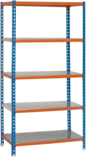 Simon Rack Schwerlastregal, 1800 x 800 x 400 mm, Bis 180 kg Belastbar, 5 Verstellbare Ablagen, Kellerregal, Lagerregal, Blau/Orange/Verzinkt - Simonclick