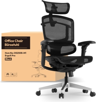 FLEXISPOT ErgoX Pro Ergonomischer Bürostuhl mit 12-stufiger Höhenverstellung, Schreibtischstuhl mit 7D-Armlehnen, 5D-Lendenstütze, 4D-Kopfstütze, 250 kg Belastbarkeit und Netzsitz (Schawrz)