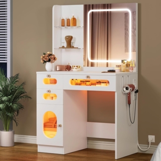 YITAHOME Schminktisch mit LED-Beleuchtung Spiege, Kosmetiktisch mit 3 Schubladen, Schminkkommode mit 2 Ablagen, Verstellbare Helligkeit mit 3 Beleuchtungsstufen, Weiß