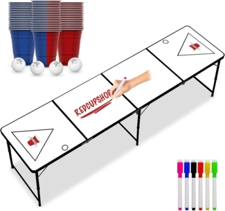 RedCupShop® 'Zum Selbst Gestalten' Bierpong Tisch Set, mit Markern und Stiften inkl. 25 Bechern & 4 Bällen, klappbar, tragbar & wasserabweisend, Aluminium / MDF, 240 x 60 x 70 cm