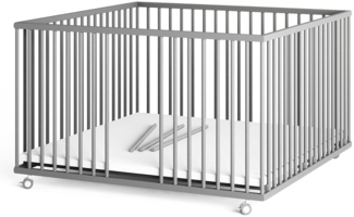 Sämann Laufstall Baby XXL 120x120 cm mit Matratze Cloud Air und 3 Schlupfsprossen | TÜV geprüft 2024 | stufenlos höhenverstellbar | Laufgitter Premium | Babybett aus Holz | Krabbelgitter grau