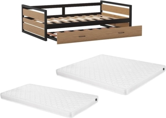 Vente-unique - Ausziehbett + Matratze - 120 x 200 & 90 x 200 cm - MDF, Kiefernholz & Metall - Holzfarben & Anthrazit - BOSTON