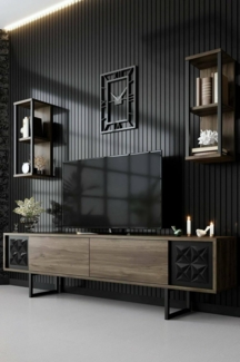 Dmora - Fernsehschrank Kaus, Ständer für Wohnzimmerfernseher, Niedriges Wohnzimmer-Sideboard, TV-Ständerbasis, 180x30h48 cm, Walnuss und Schwarz