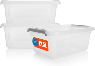 BigDean 3 Stück 12,5 L Aufbewahrungsbox mit Deckel transparent– stapelbare robuste Aufbewahrungsbox – Aufbewahrungsboxen mit Klickverschluss