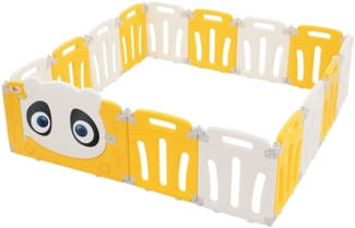 Joyz Laufstall Baby 160×160 cm, Laufgitter faltbar, Panda-Design, Weiß-Gelb, Absperrgitter mit Tür und Lernuhr, Playpen aus Kunststoff, Babyzaun, Kinderlaufstall Innen/Außen, Krabbelgitter für Kinder