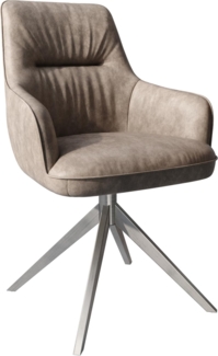 Esszimmerstuhl Zelia-Flex mit Armlehnen Mikrofaser Taupe Vintage Kreuzgestell breit Edelstahl Taschenfederkern