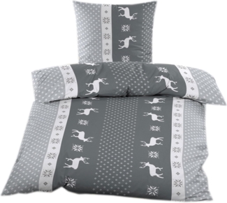 Casa Colori Bettwäsche 135x200 cm 100% Baumwolle mit Reißverschluss, Biber, 2 teilig, Anthrazit Grau Rentiere
