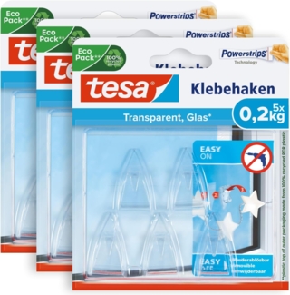 tesa Klebehaken POWERSTRIPS Doppelseitige Klebestreifen mit Bilderhaken, für Deko an Glas und Spiegel, (Spar-Set, 15-St, 3x5 tesa Powerstrips® Deko Haken), Transparente Klebepads - 3er Pack á 5 Dekohaken - je max. 200 g