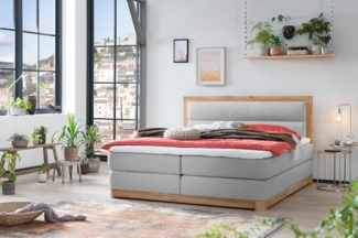 Belanoti Boxspringbett Age (Boxspringbett 180x200 Eiche 7-Zonen Taschenfederkern Matratze, inkl Visco Topper Bett 180x200 in der Farbe Hellgrau H2/H3 Polsterbett), Hotelbett mit Massivholz Eiche Massivholzbett