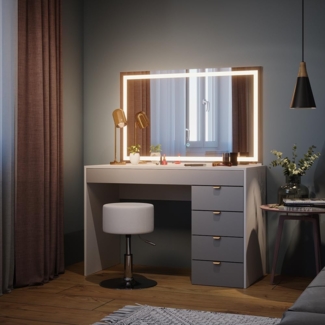 Schminktisch Elise Weiß/Grau/Grau 115 cm mit LED-Spiegel & Hocker Vicco