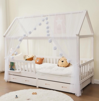 Alavya Home® Betthimmel Der Luxus DEKO SET für HAUSBETT 80x160 I 90x200 (3-tlg SET 2 x Betthimmel Länge: 340 cm, Breite: 150 cm und 1 x Groß Pompomkette), Exklusives Dekoset aus 100% Polyester GOTS zertifiziert für Kinder