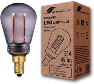 greenandco Vintage Design LED Birne zur Stimmungsbeleuchtung | E14 ST45 | smoke | 2W 45lm | 1800K extra warmweiß | 320° | 230V | flimmerfrei | nicht dimmbar | Edison Glühbirne