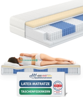 AM Qualitätsmatratzen - Premium Latex-Matratze 140x200 cm H3-1000 Federn - Taschenfederkernmatratze - Matratze mit integrierter 4cm Latex-Auflage - 24cm Höhe - Made in Germany