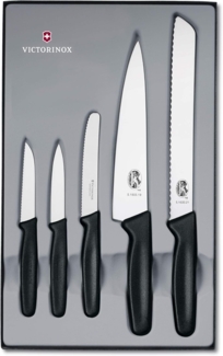 Victorinox 5-teiliges Küchenmesser-Set (Gemüsemesser, Tomaten- und Tafelmesser, Tranchiermesser, Brotmesser, Spülmaschinengeeignet) schwarz