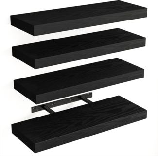 BAKAJI Set mit 4 Wandregalen aus Massivholz, Mehrzweck-Wandregal mit versenkbaren Metallhalterungen, Regal für Schlafzimmer, Wohnzimmer, Küche, Badezimmer, 40 x 14 x 3 cm (Schwarz)