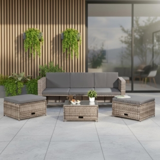 Polyrattan Sitzmöbel Set Sofa Tisch 2 Hocker grau Lounge Gartenset Rattanmöbel