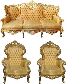 Casa Padrino Barock Wohnzimmer Set Versailles II Gold Muster / Antik Gold - 3er Sofa + 2 Sessel