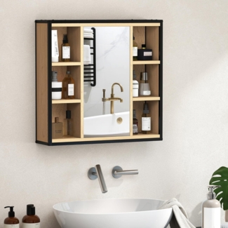 HOMCOM Spiegelschrank mit Spiegel, 6 offenen Fächern (60 x 16 x 58,5 cm Badschrank, 1-St, Industrieller Badezimmerschrank) mit dreistufig verstellbarem Regal, für Badezimmer, Eiche