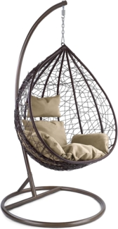 Luxus Hängesessel Miami XL Polyrattan mit Korb und Gestell braun Kissen beige