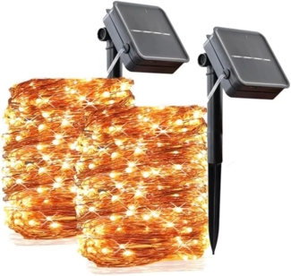 LQWELL LED Solarleuchte 2er 12m Solar Lichterkette Außen Kupferdraht, LED, Warmweiß, IP65 wasserdicht 120LED