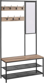 VASAGLE Kleiderständer, Garderobe, Garderobenständer mit Haken, Spiegel, Sitzbank, 35 x 98 x 180 cm, für Eingangsbereich, Schlafzimmer, Wohnzimmer, Industrie-Stil, Kamelbraun-tintenschwarz HSR415K01